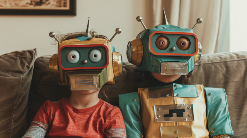 Father and daughter wearing robot costumes at home 3