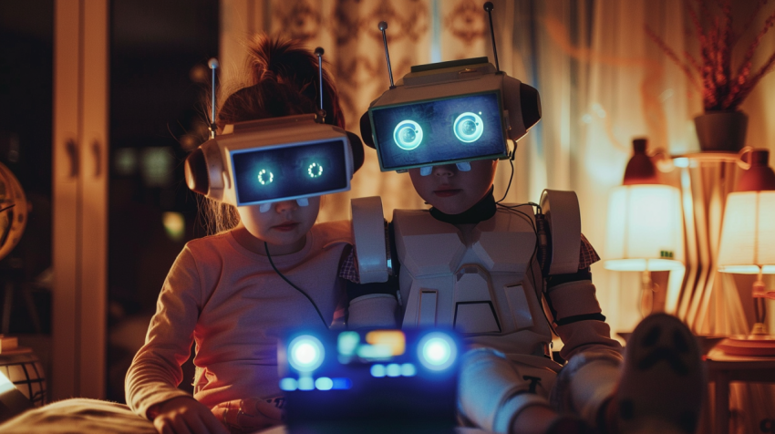 Father and daughter wearing robot costumes at home 1
