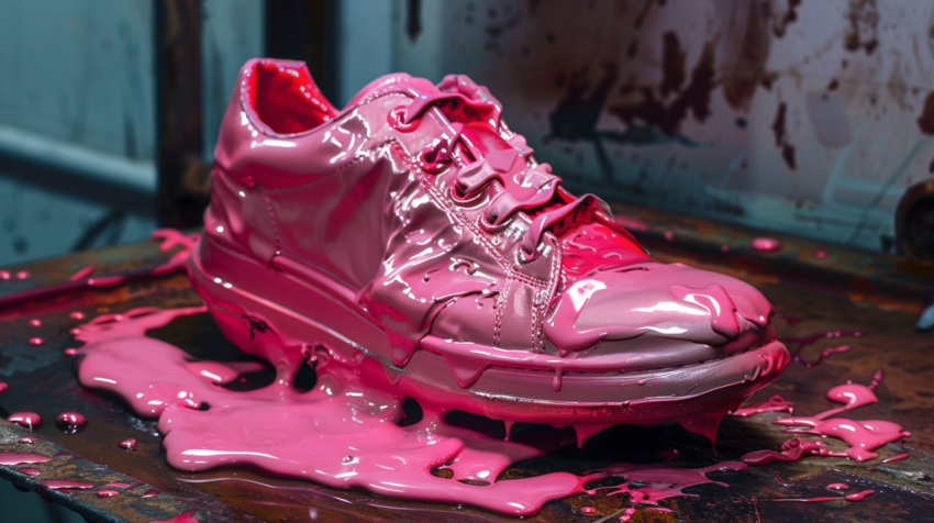 Pink melted shoe on a metal table 2