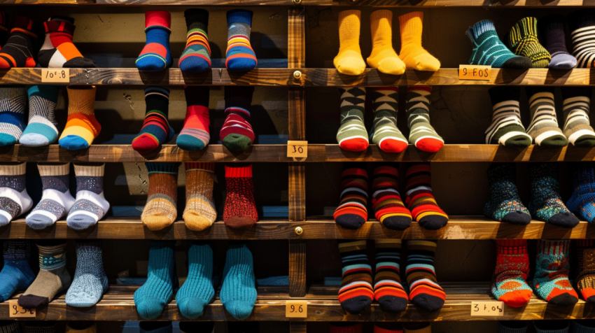 Colorful Horizontal Various socks on Wooden Shelf in c 1712446719 3