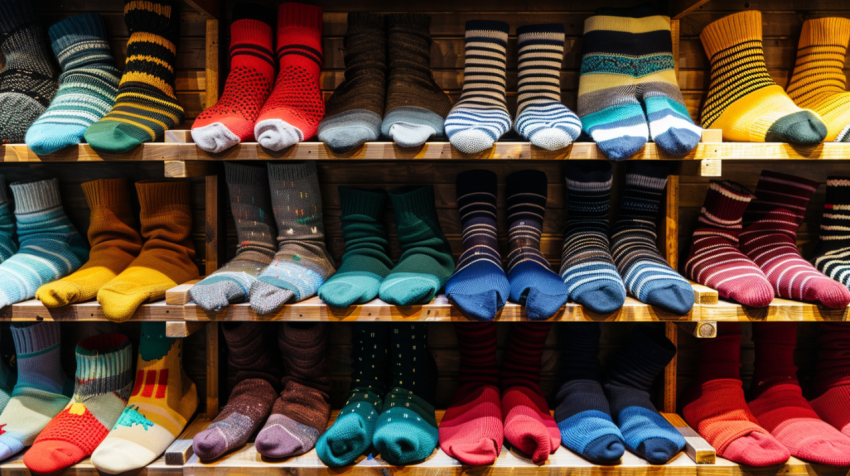 Colorful Horizontal Various socks on Wooden Shelf in c 1712446719 2