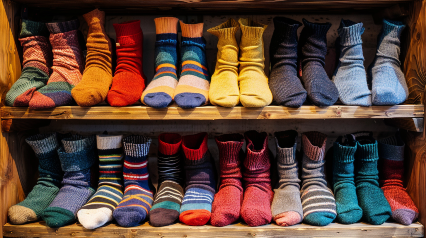 Colorful Horizontal Various socks on Wooden Shelf in c 1712446719 1
