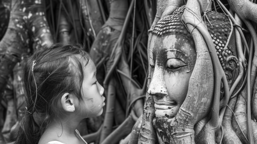 Thailand girl 3 5 facing Buddhist statue covered in tr 1712440490 3