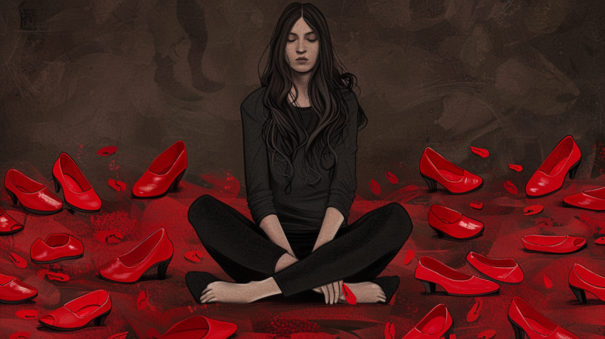 Woman sits with red shoes surrounding her 4