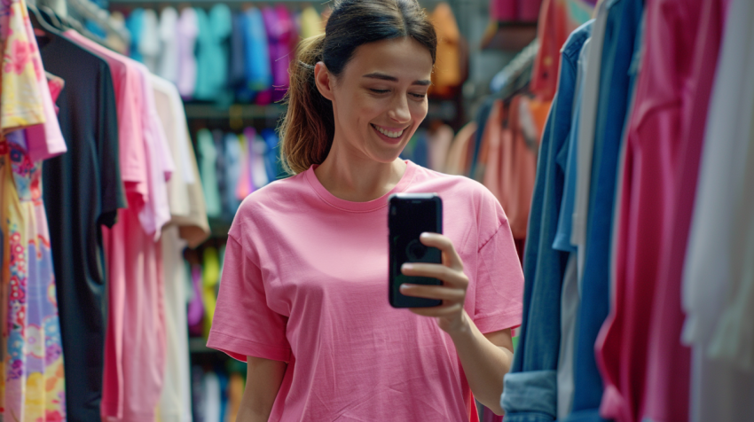 Woman taking a picture of a pink t shirt for secondhan 1712447016 1