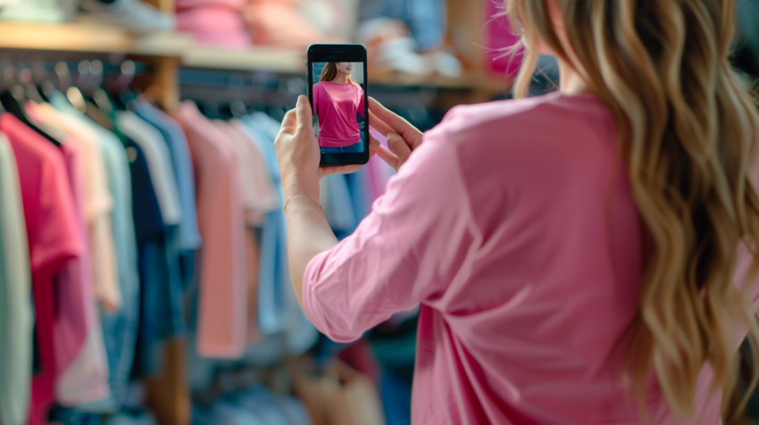 Woman taking a picture of a pink t shirt for secondhan 1712447016 3