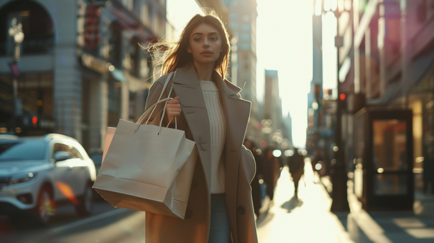 Young woman holding large shopping bag while walking o 1712443966 3