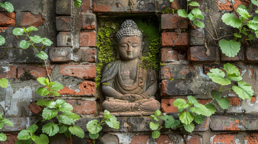 Buddha statue situated on brick wall with plants and m 1712440702 2