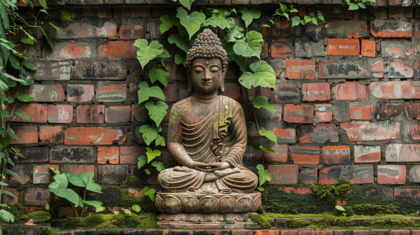 Buddha statue situated on brick wall with plants and m 1712440702 1