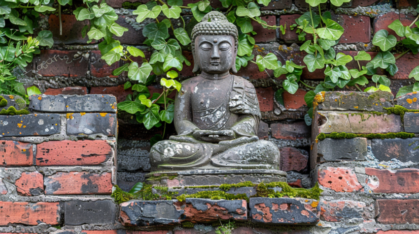 Buddha statue situated on brick wall with plants and m 1712440702 4