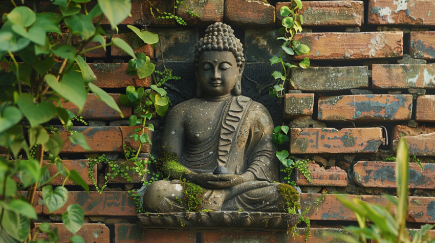 Buddha statue situated on brick wall with plants and m 1712440702 3