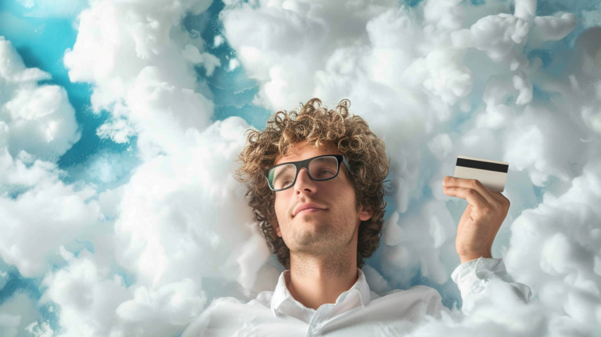 Caucasian man holding credit card in clouds 2