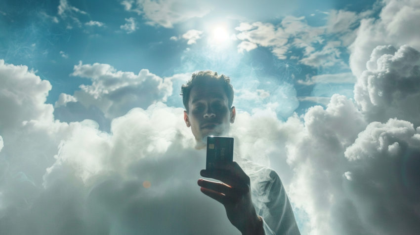 Caucasian man holding credit card in clouds