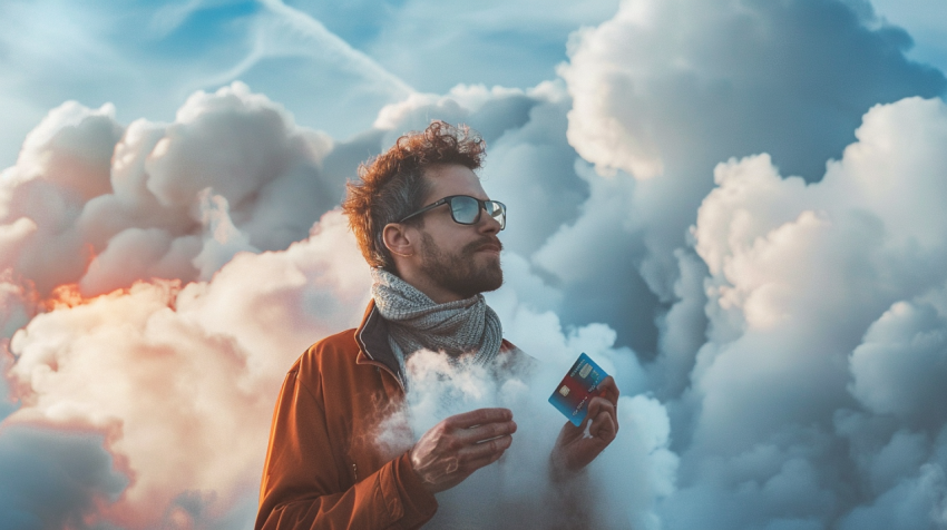 Caucasian man holding credit card in clouds