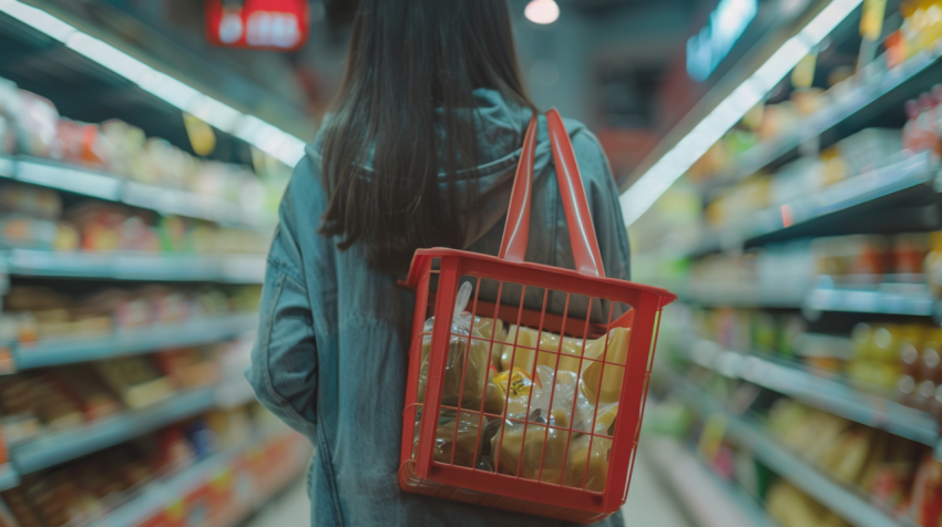 Close up shot of woman carrying shopping basket