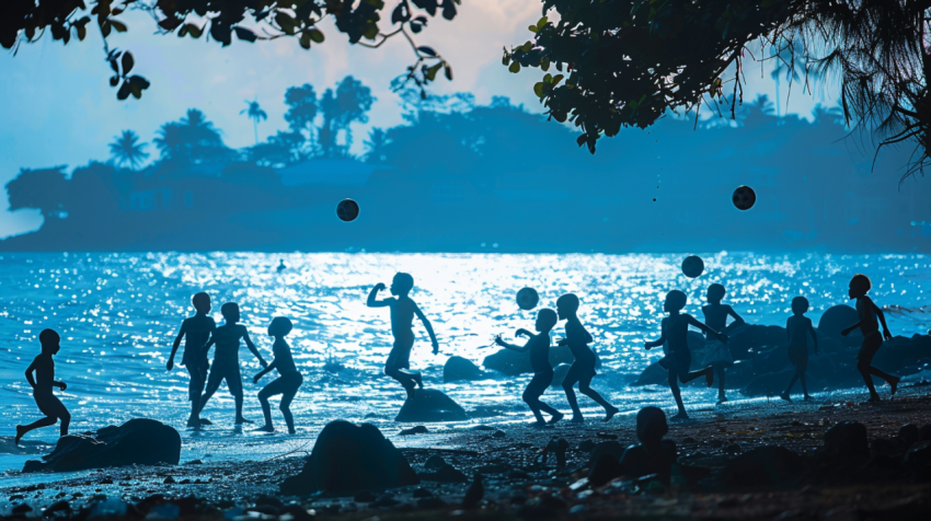 A blue silhouette of Kids playing football in the shor 1712450735 2