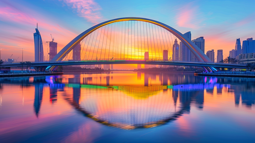 Dubai water canal at sun rise and colorful bridge as v 1712461371 3