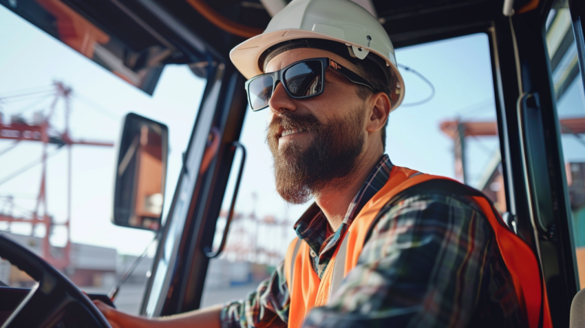 Portrait Of Construction Worker Driving Crane At Shipp 1712453196 4