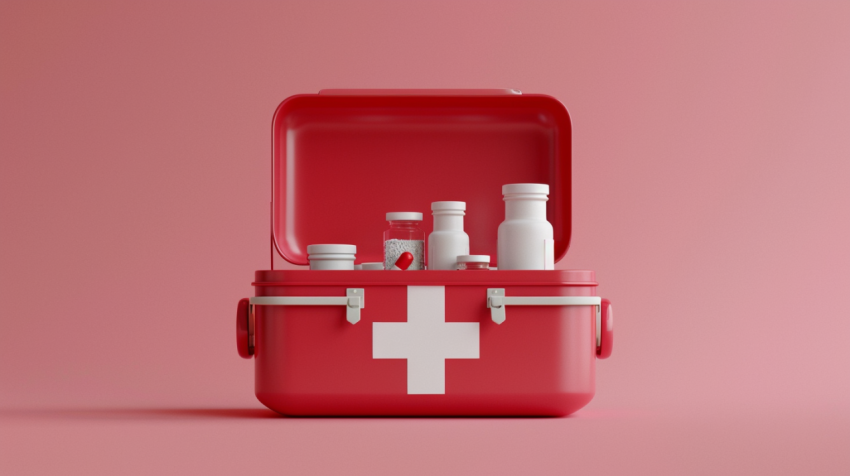 Simple open red first aid kit with with medicines for  1712481204 2