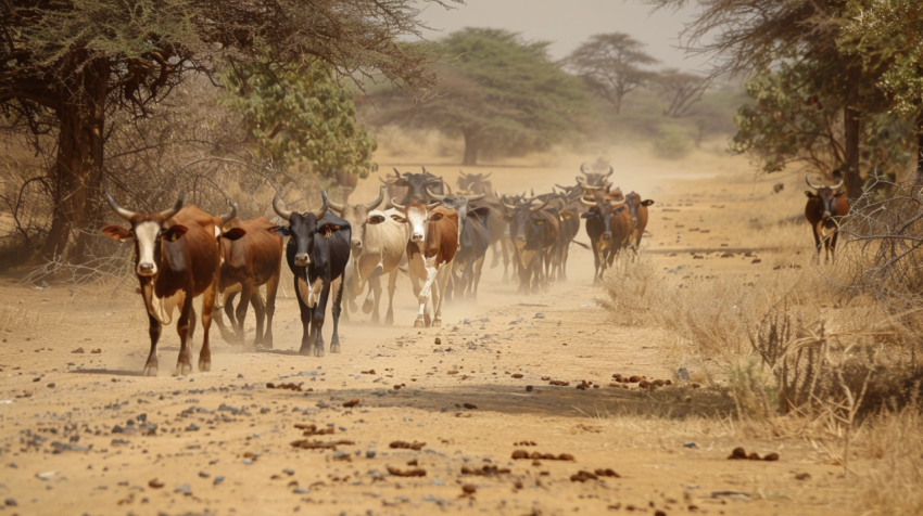 Sahelian cattle walk through the near desert landscape