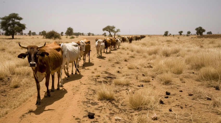 Sahelian cattle walk through the near desert landscape