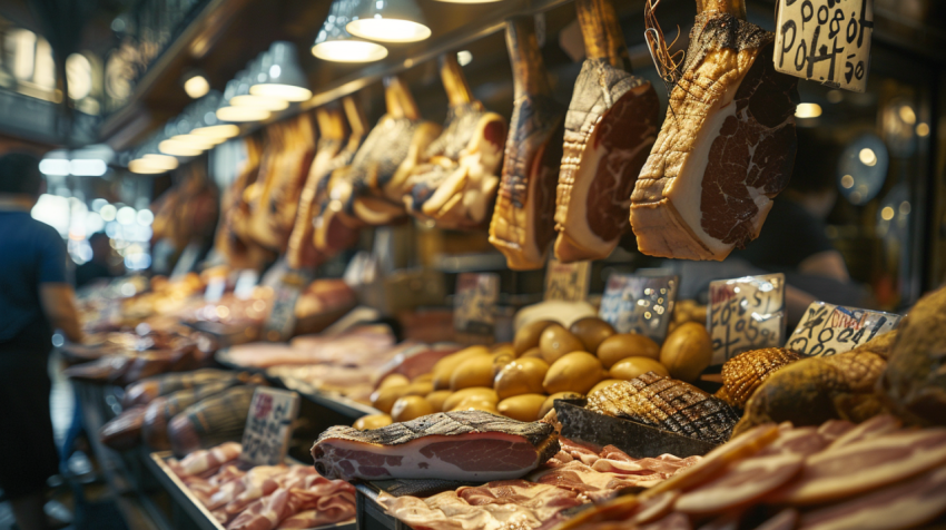 Spanish ham stall in Boqueria market in Barcelona