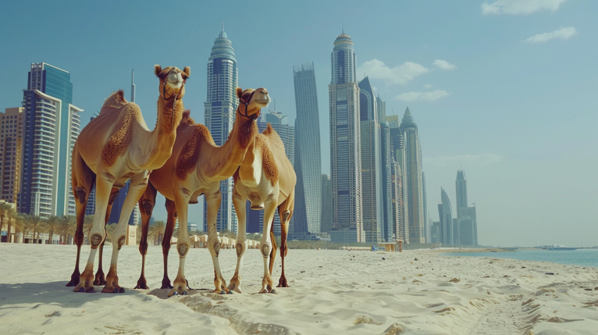 The camels on Jumeirah beach and skyscrapers in the background