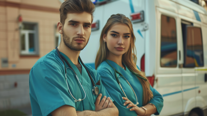 Two confident young doctors looking on the camera