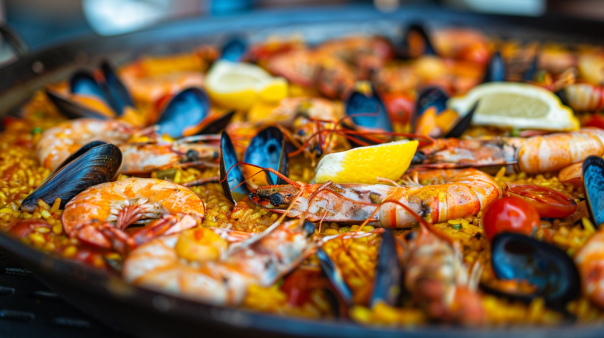Traditional Paella served at restaurant in Barcelona