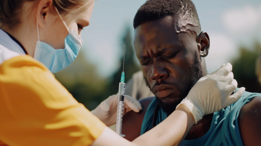Vaccination of African black man outdoors