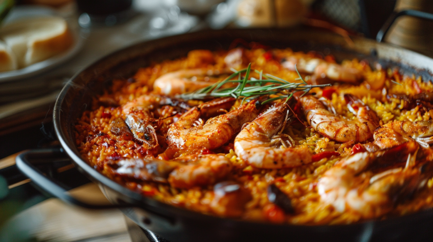 Traditional Paella served at restaurant in Barcelona