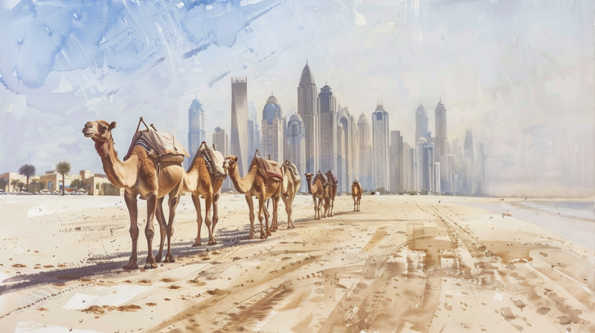 The camels on Jumeirah beach and skyscrapers in the background