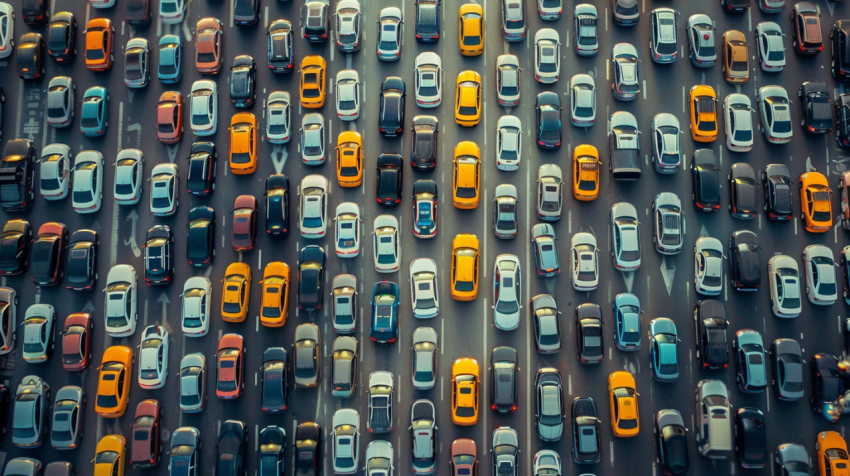 Top view of numerous cars in a traffic jam in Dubai