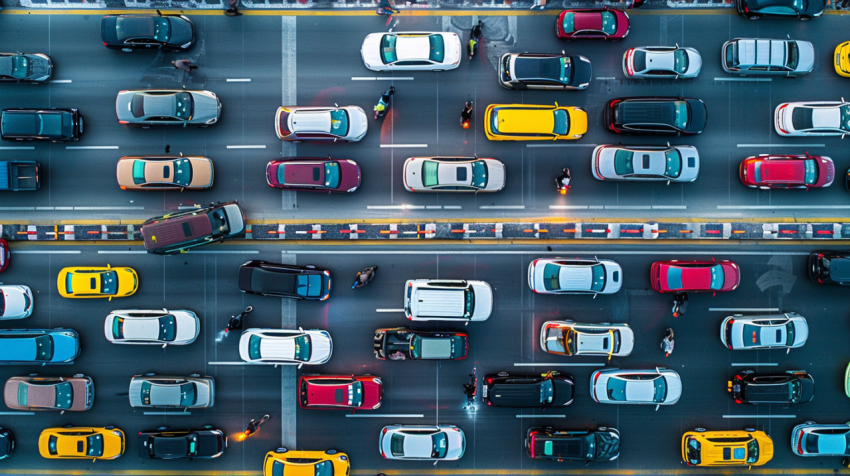 Top view of numerous cars in a traffic jam in Dubai