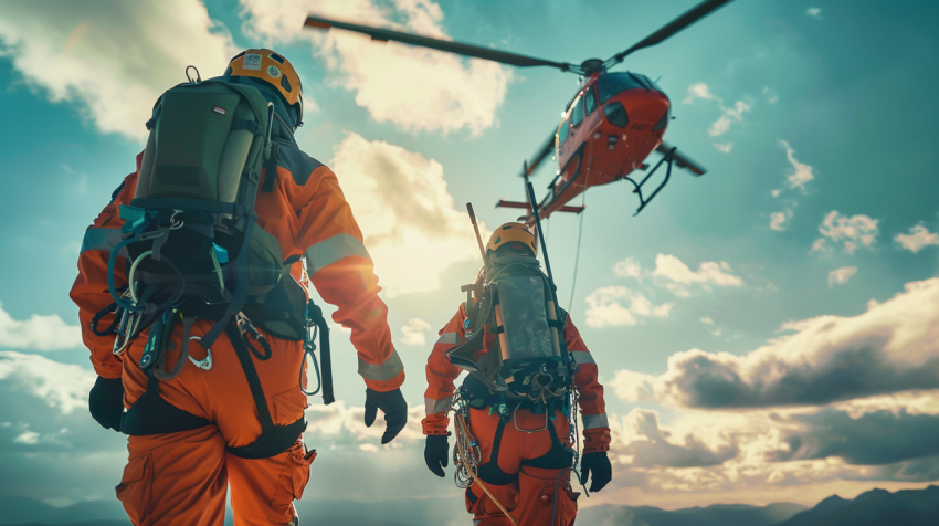 Two paramedic with safety harness and climbing equipment