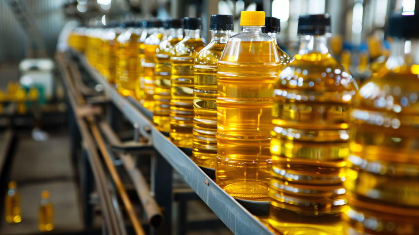 Vegetable oil is packaged in a vegetable oil factory