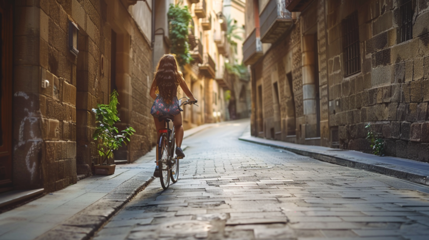 Woman riding bicycle through old street of Barcelona