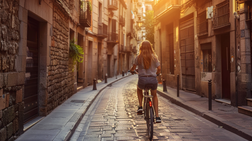 Woman riding bicycle through old street of Barcelona