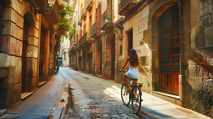 Woman riding bicycle through old street of Barcelona 1